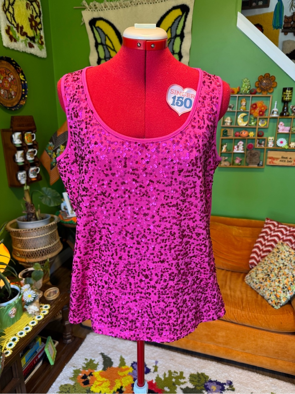 Sequin Scoop Neck Tank Top - Hot Pink
